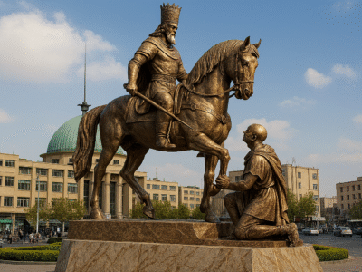 مجسمهٔ زانوزدن پادشاه روم مقابل شاپور ساسانی در میدان انقلاب رونمایی شد